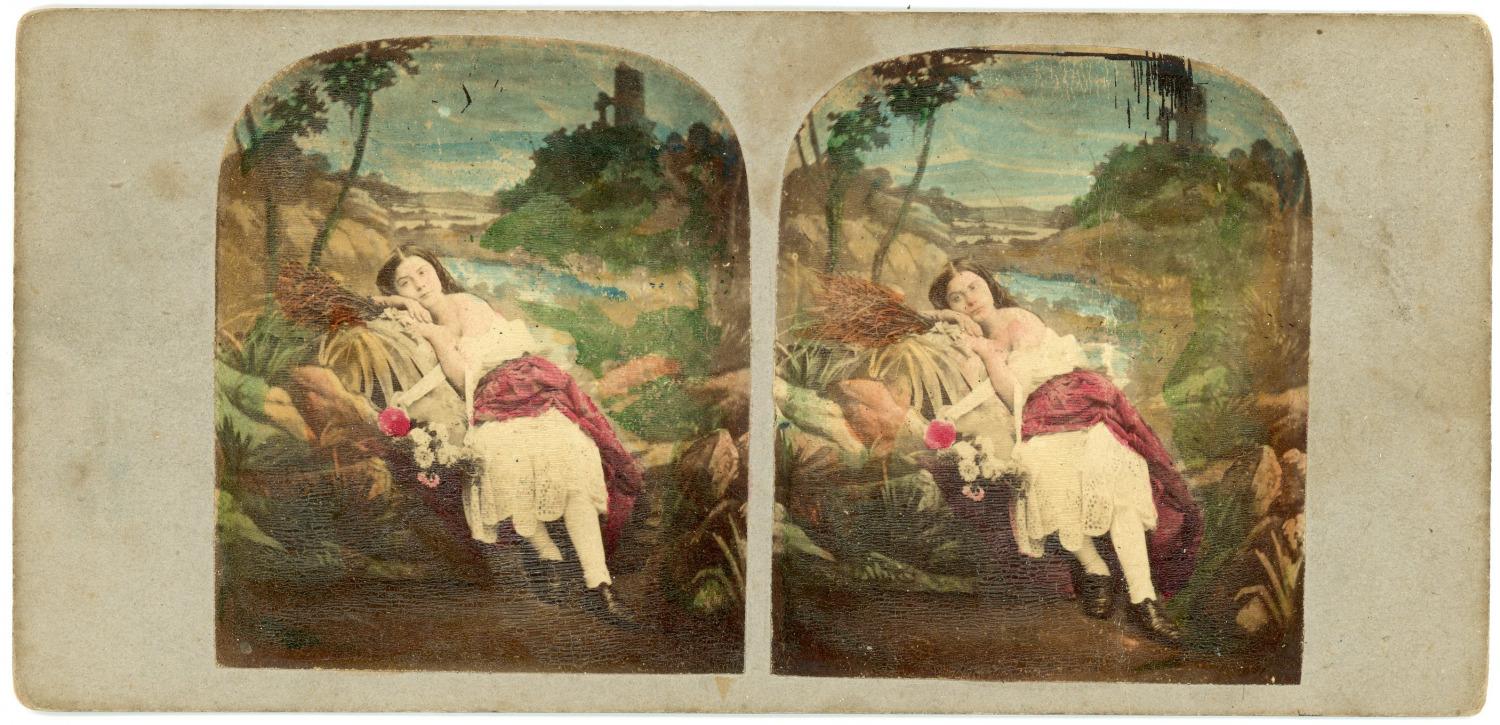Vintage Stereo, Relaxation Scene, Woman Rests by the Water's Edge ste