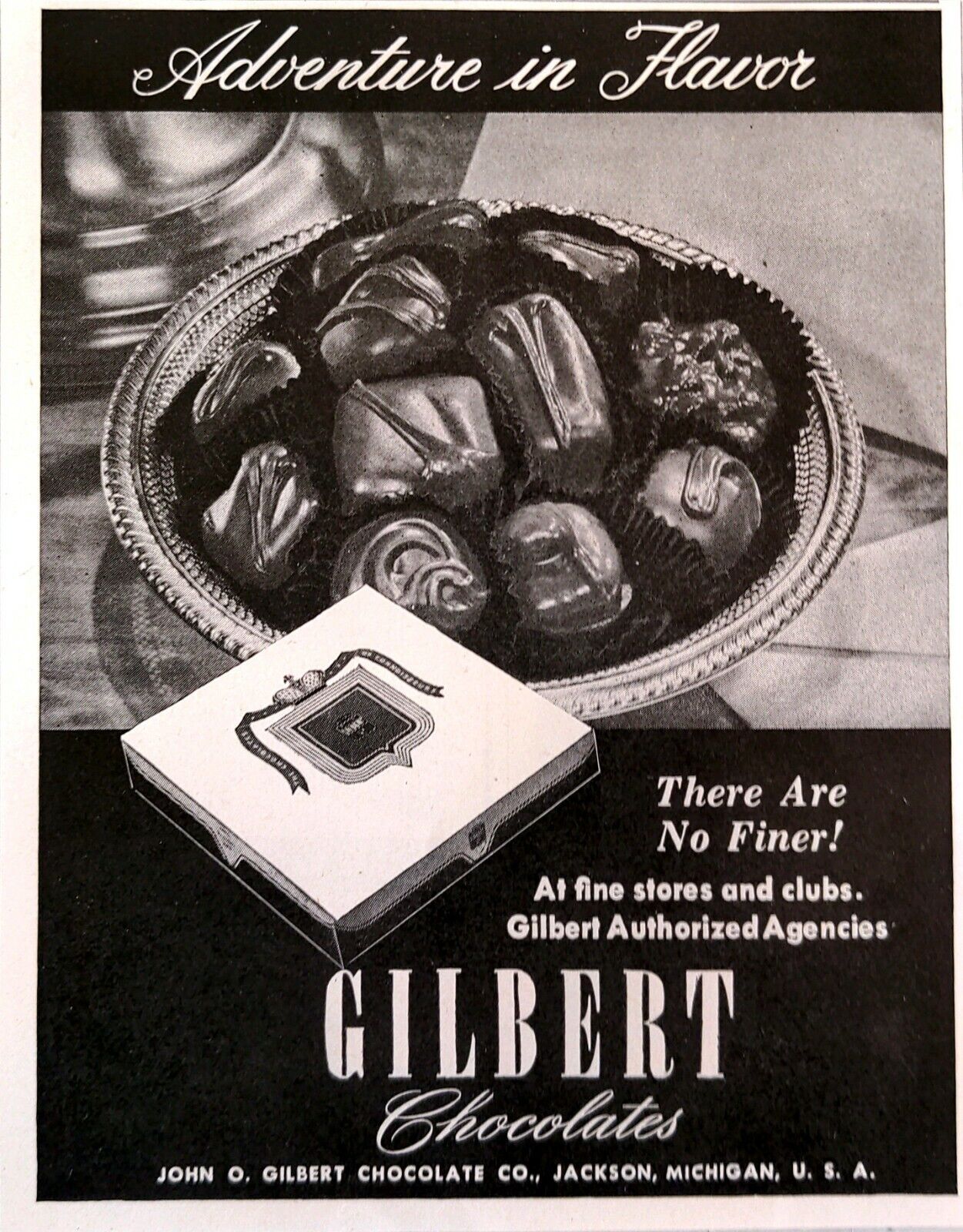 1948 Gilbert Chocolates Adventure In Flavor Stores Clubs Vintage Print Ad