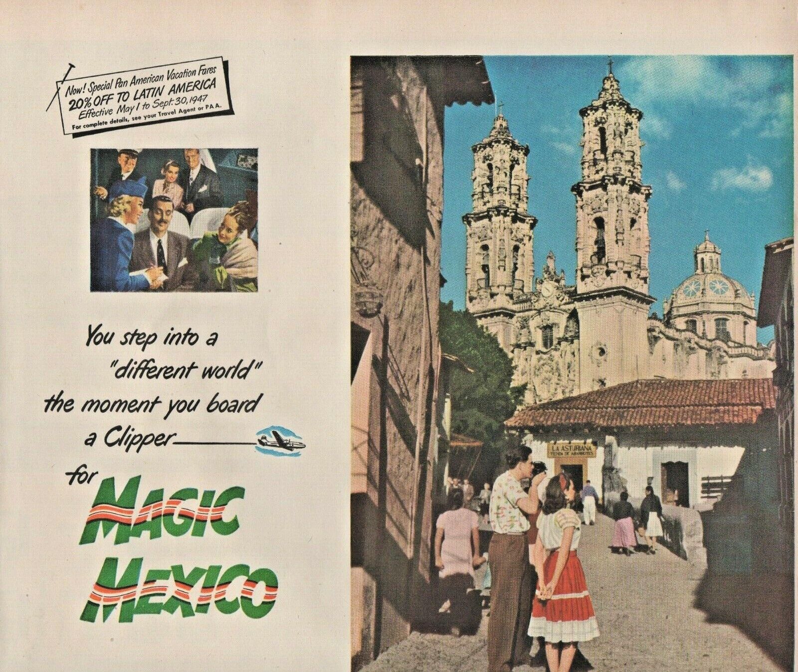 1947 Pan American World Airways Vintage Print Ad Magic Mexico