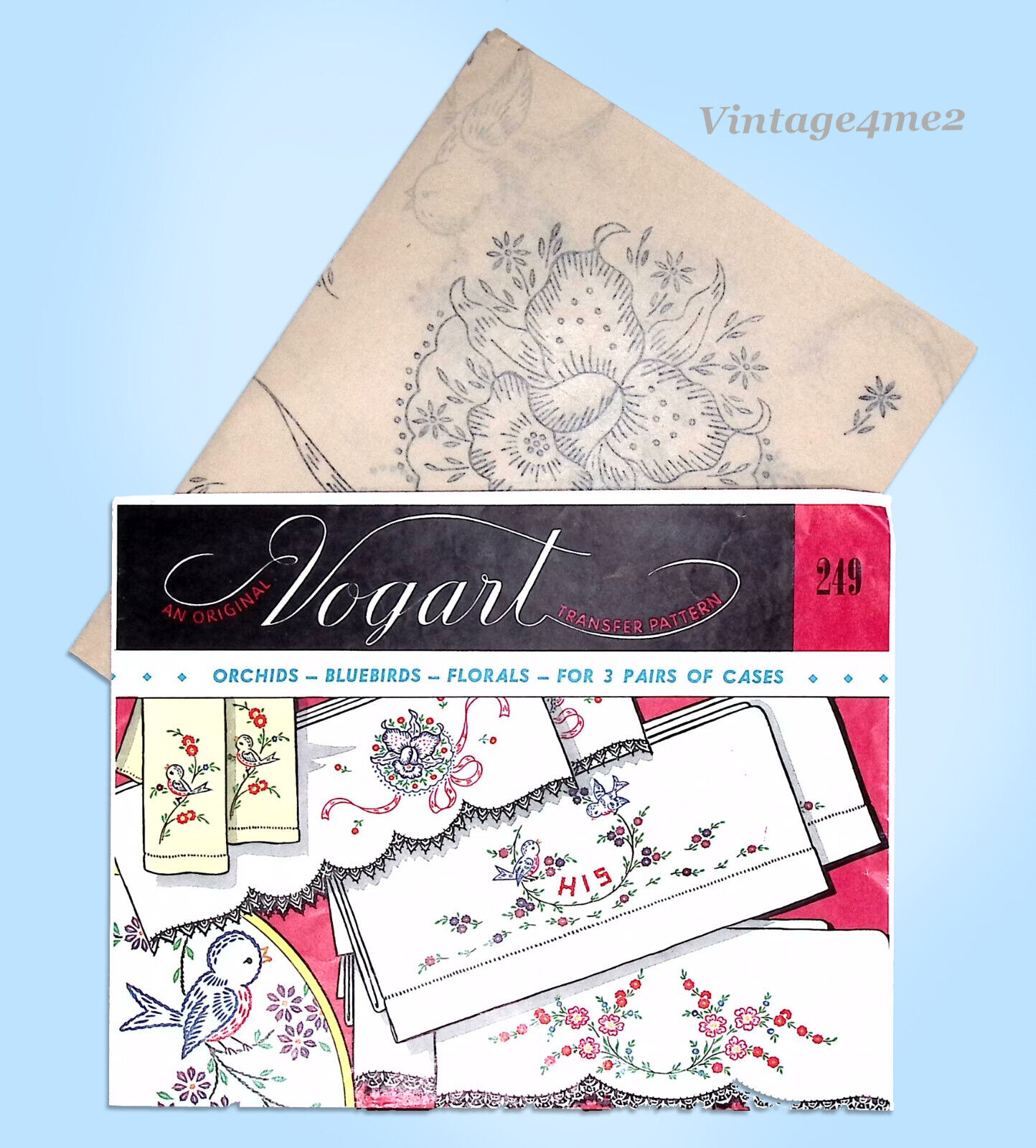 Vintage 1950s Vogart #249 ORIGINAL Embroidery Transfers Floral Pillowcase Motifs