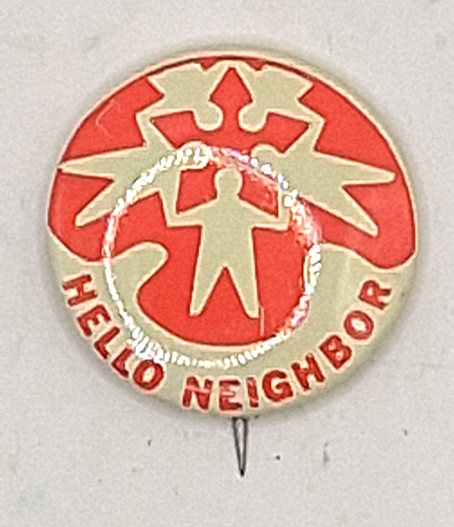 Vintage Hello Neighbor Red White Graphic Pinback Button