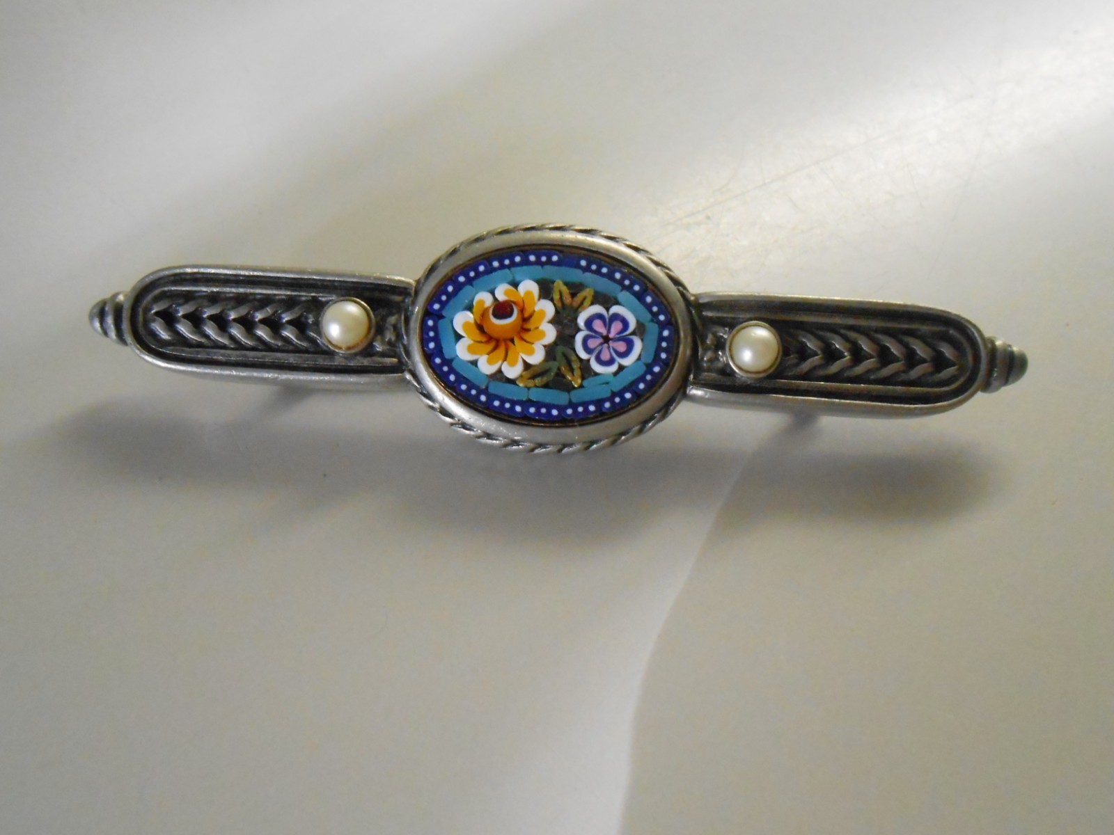 Vintage Micro Mosaic Bar Brooch by Designer Ben Amun - Flowers with Pearls
