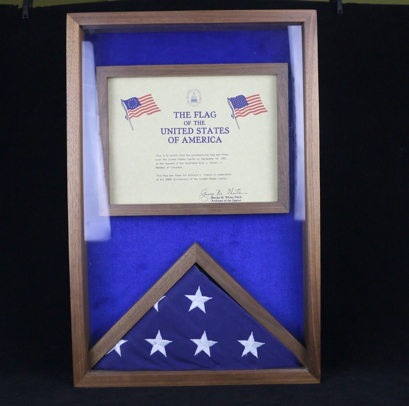 American Flag Flown Over Capital on 9/18/1993 with Certificate by George White
