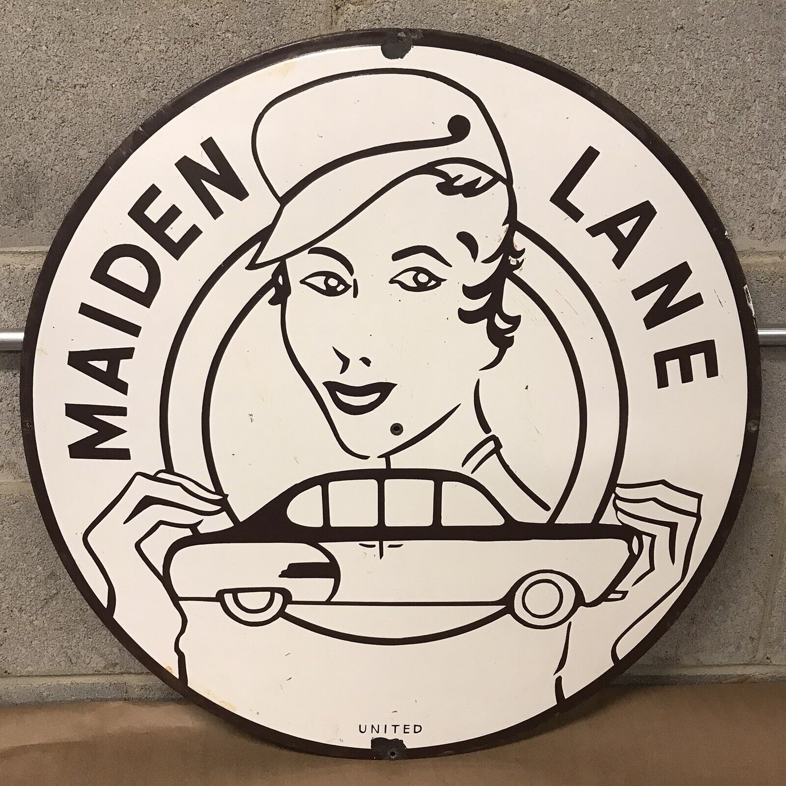 Extremely Rare Vintage MAIDEN LANE 24” Porcelain Single sided Sign gas oil