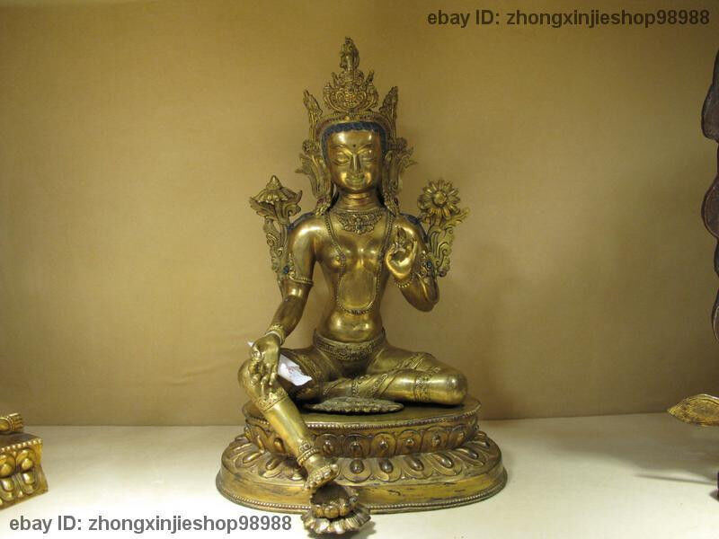 Tibet Temple 100% Pure Bronze 24K Gold Green Tara Guan Yin Buddha Nepal Statue