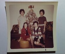 Vintage 70s PHOTO Retro Asian Family Fishnets Posing In Front Of Christmas Tree picture