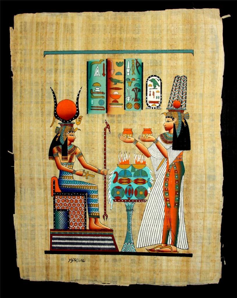 Rare Authentic Hand Painted Ancient Egyptian Papyrus -Nefertari Offerings