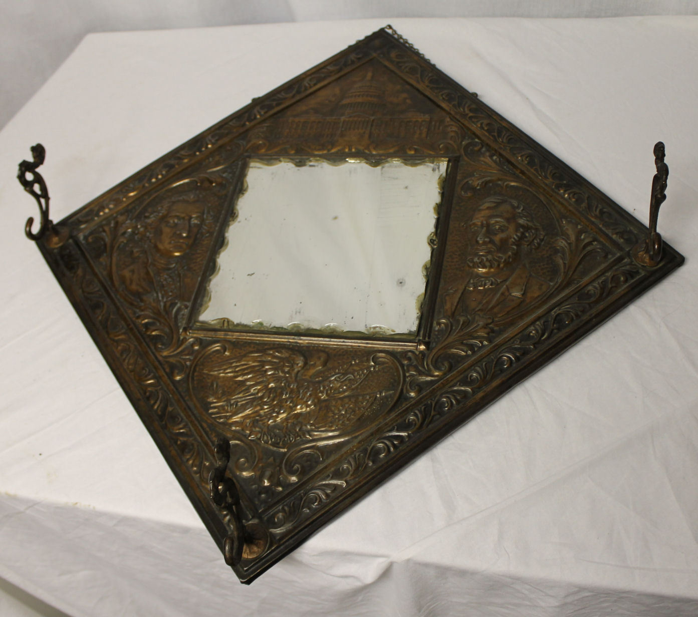Antique Mirror Hat Rack George Washington Abraham Lincoln and Capital Embossed