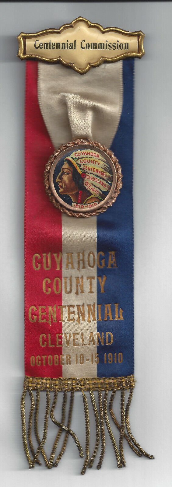 Silk Ribbon Badge w/ Celluloid Button * Cuyahoga County Centennial * 1910 * NICE