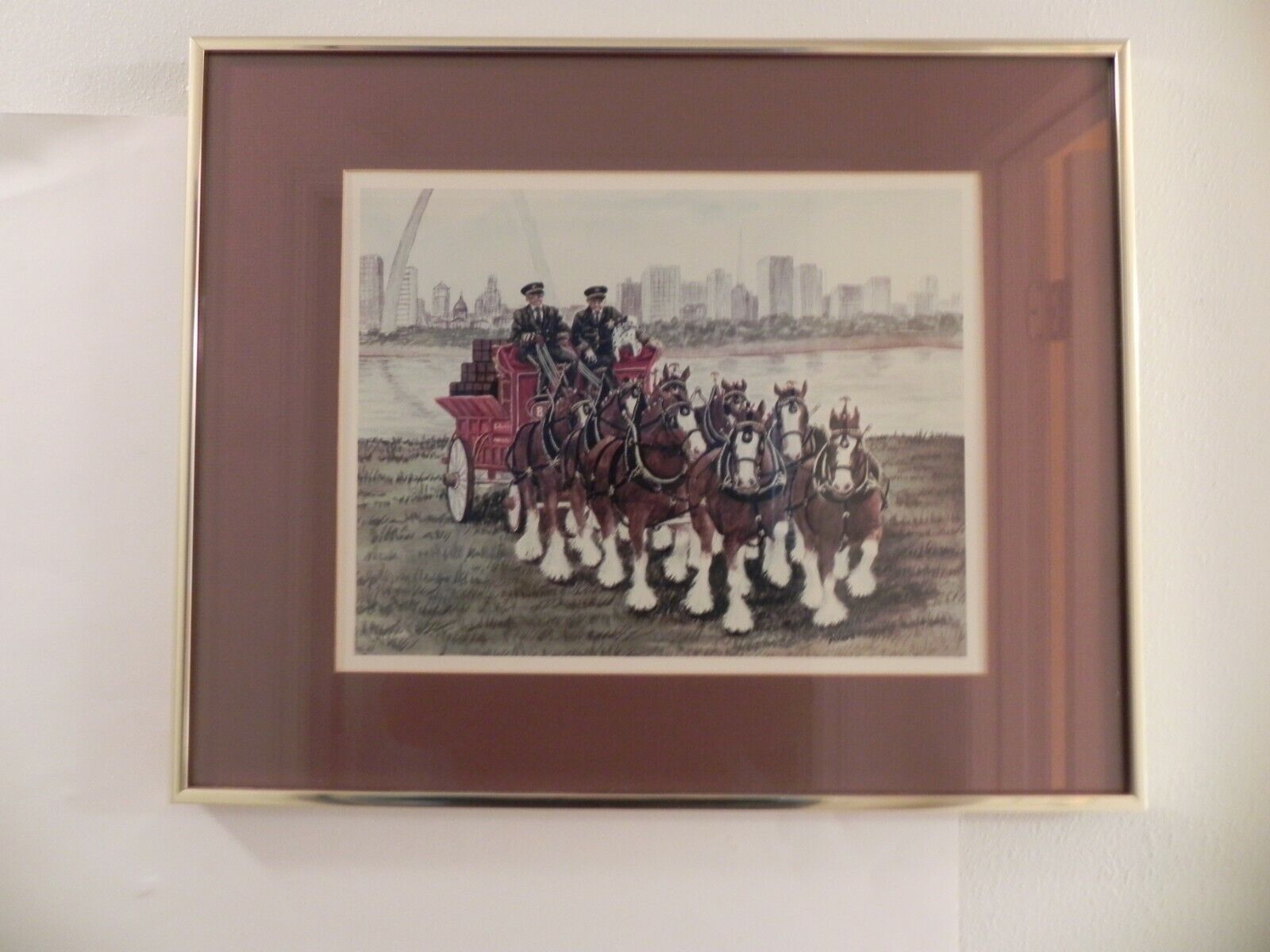 Framed Clydesdale Horses with Beer Wagon St Louis Background Artist Aker 