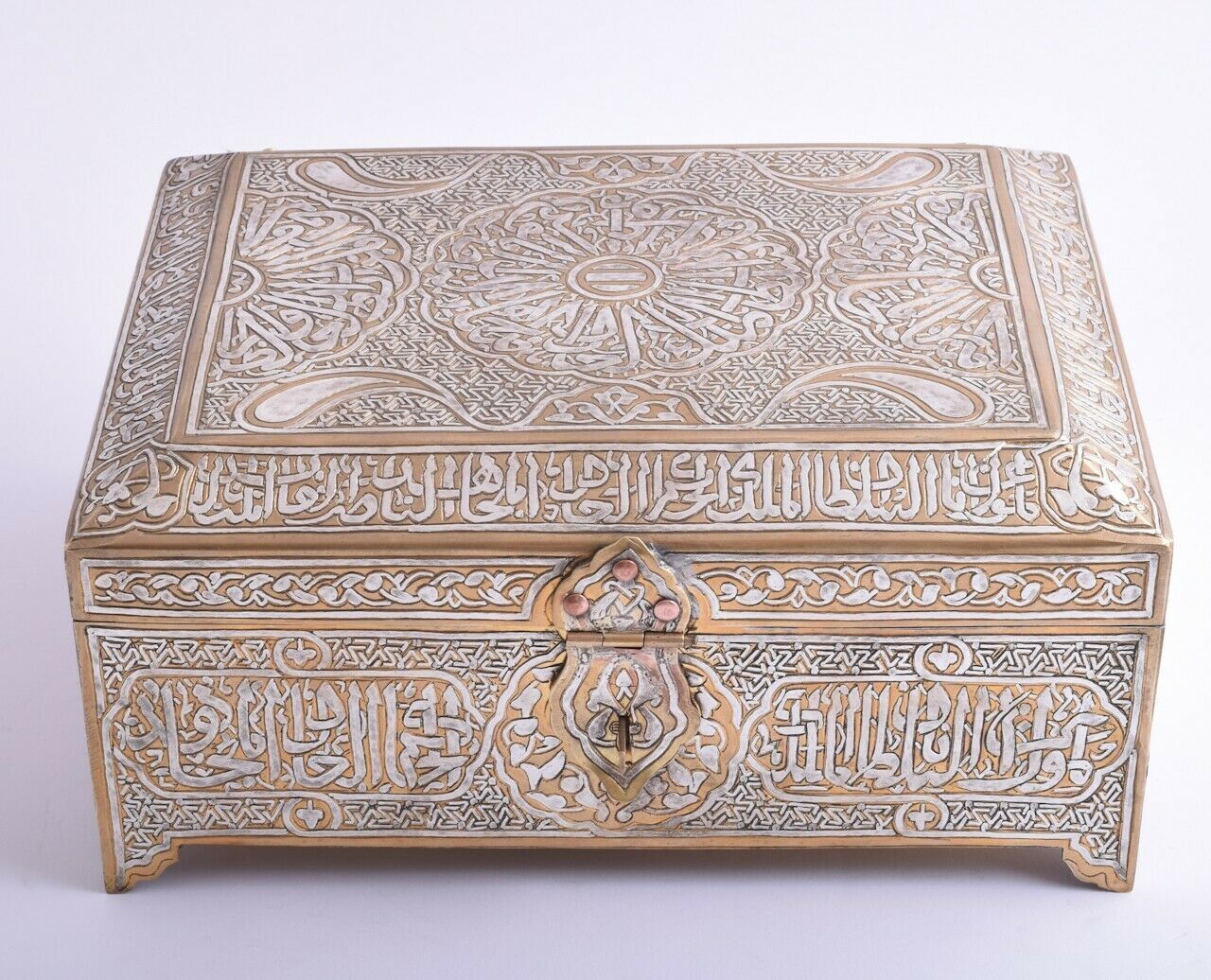 Islamic revival-Mamluk silver inlaid Jewelry - Quran Koran brass Box-Cairo ware