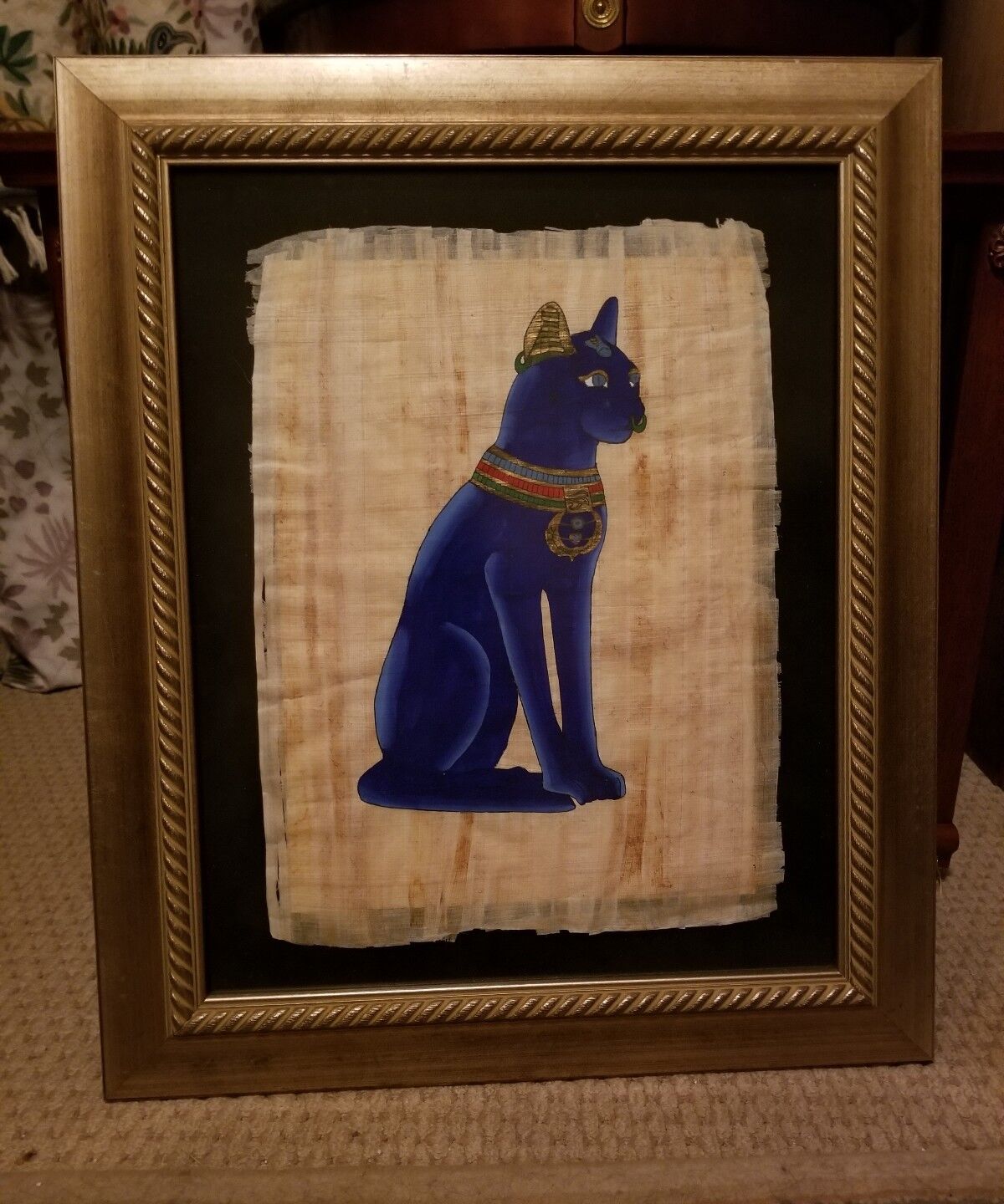 Framed EGYPTIAN Hand Painted Genuine PAPYRUS of BASTET the CAT GODDESS 21\