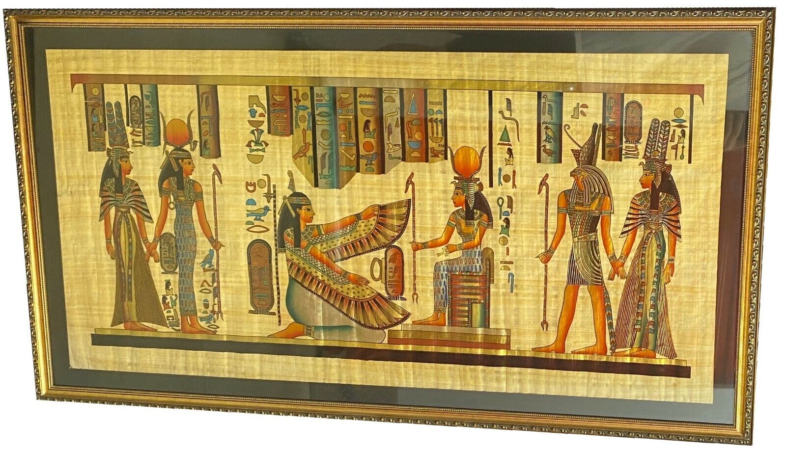 Egyptian Papyrus Painting The Goddess Isis (Hathor) and Ma\'at Golden Highlight