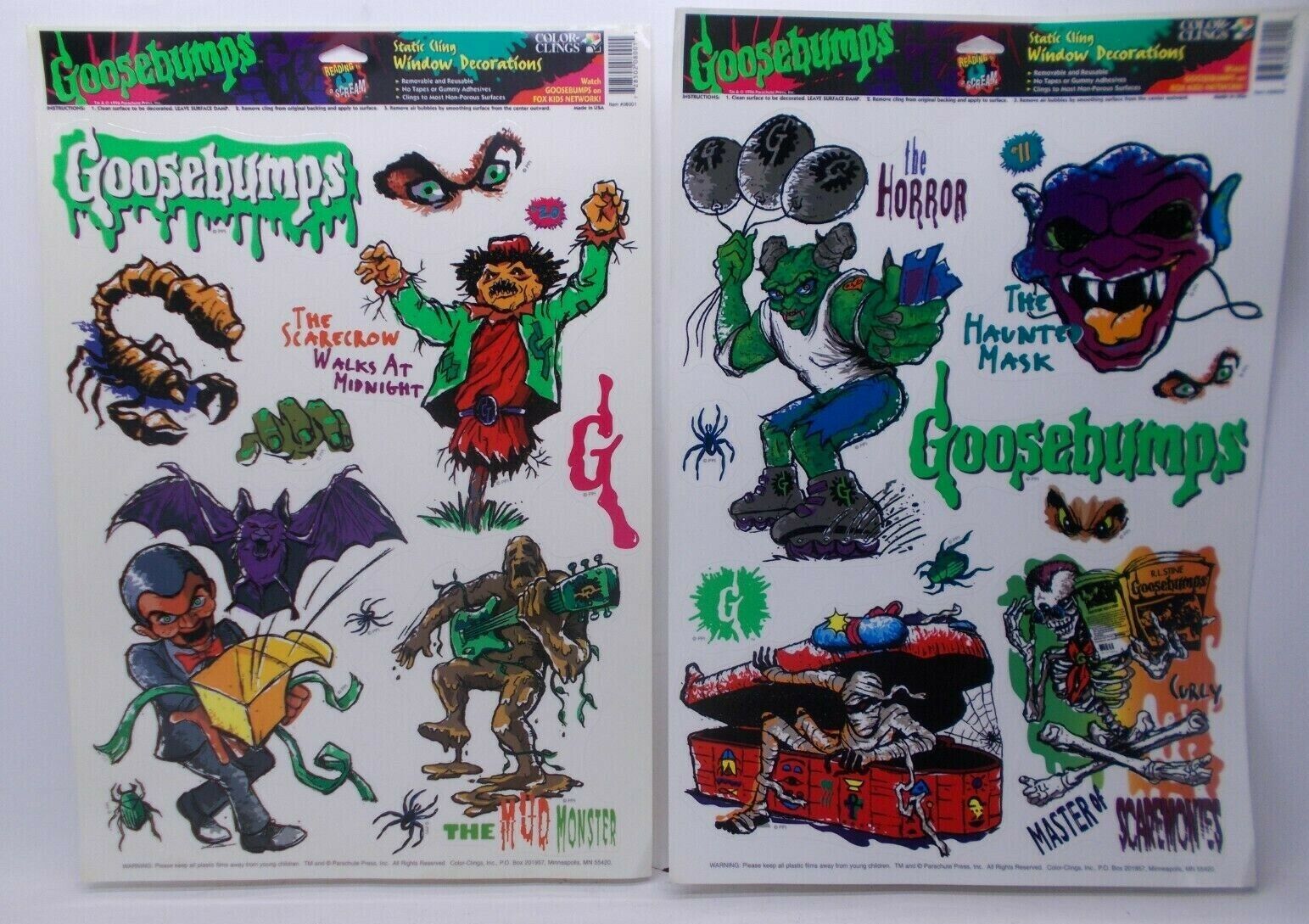 Vintage 1996 Goosebumps Halloween Window Clings Made USA Slappy Mud Monster