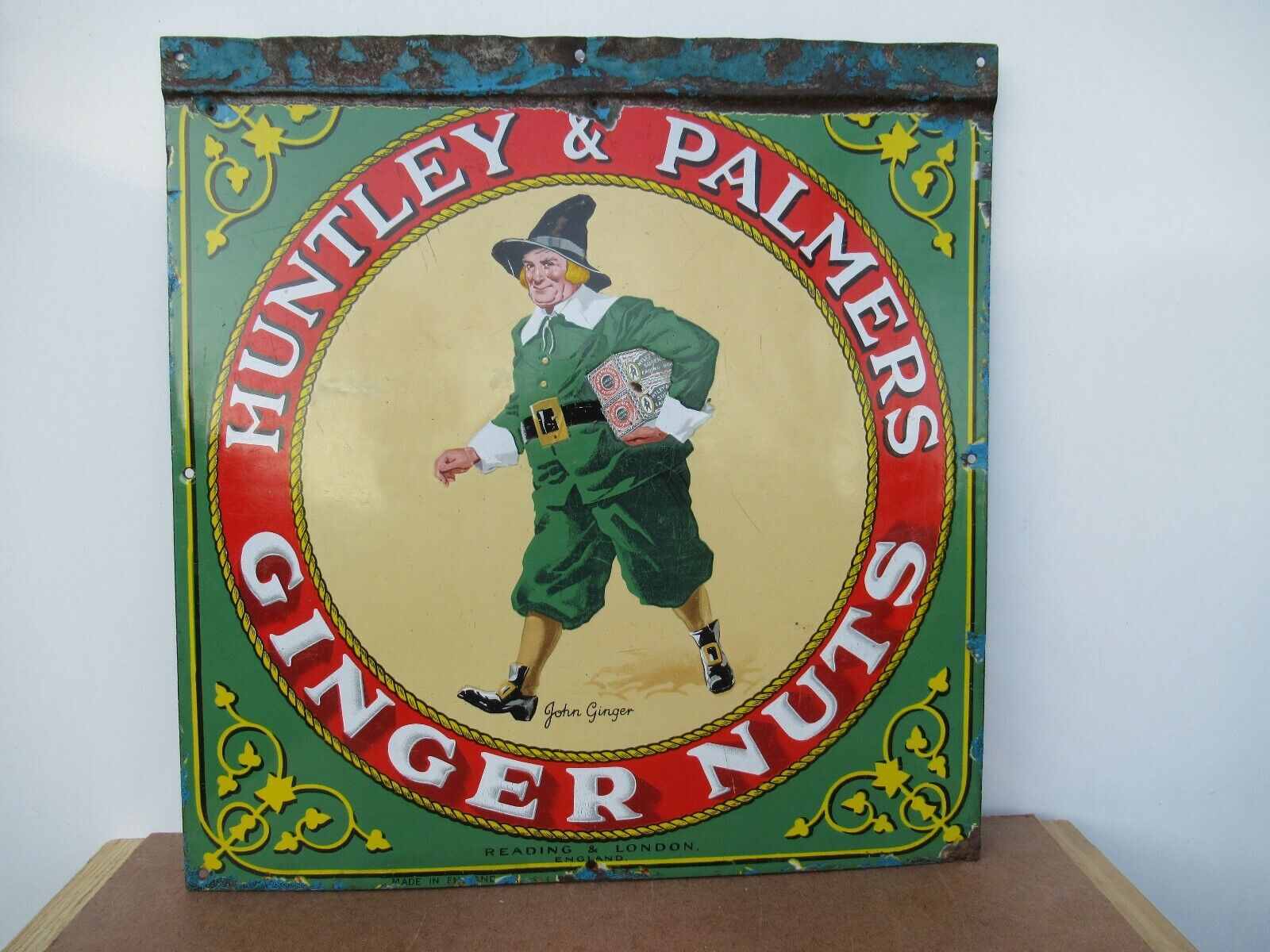 19x18 Org. 1930 antq. Huntley & Palmer Ginger Nuts Porcelain Gas & Oil Adv. Sign