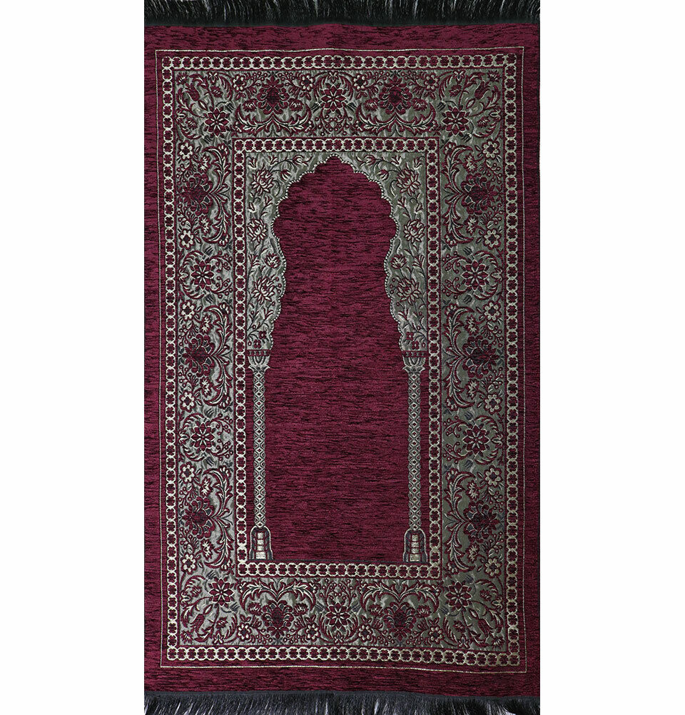 Modefa Islamic Prayer Mat Chenille Woven Turkish Embroidered Floral Burgundy