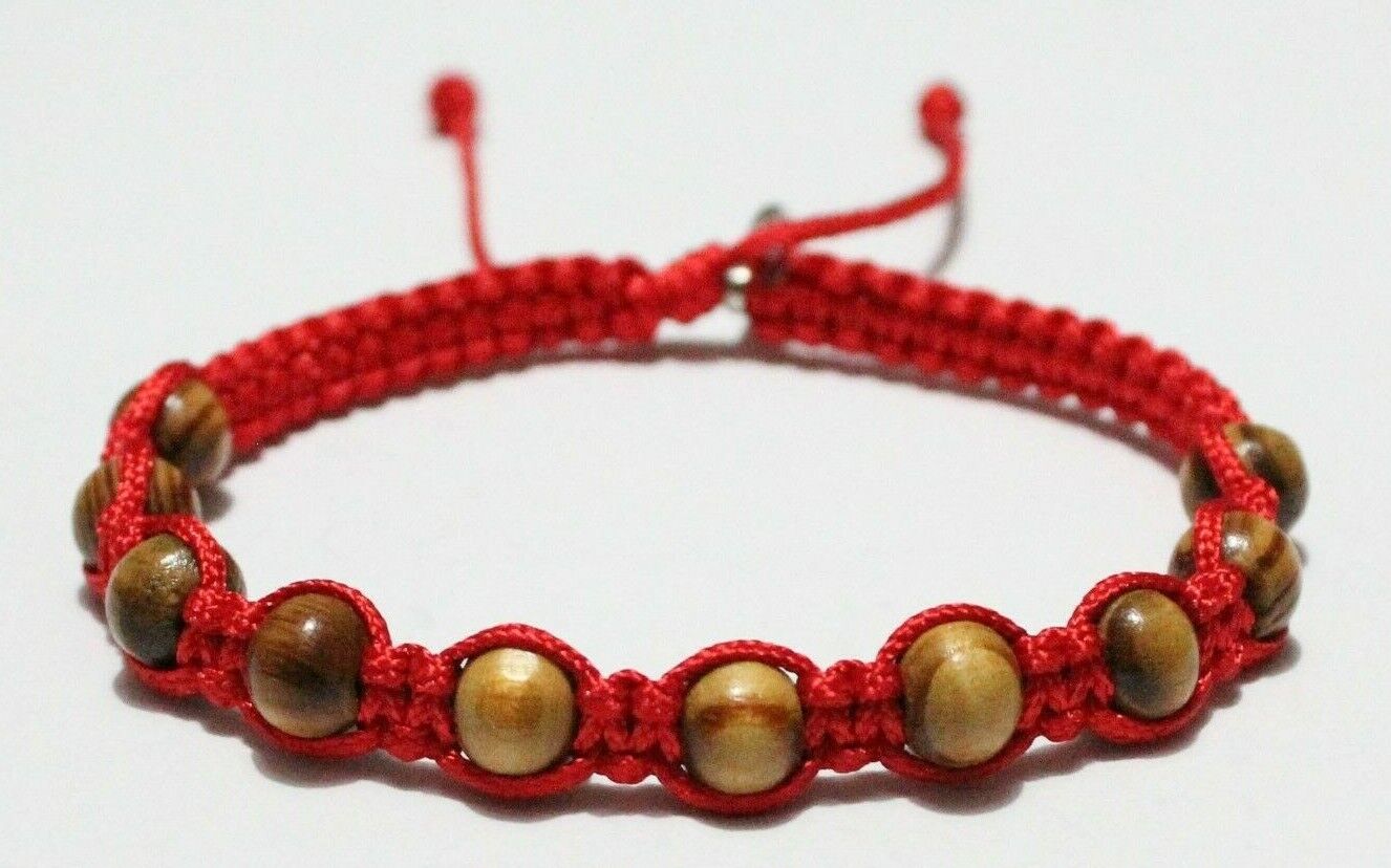 Catholic Wood Beads Bracelet On Red Cord Bracelet with 10 Wood Beads on Cord 