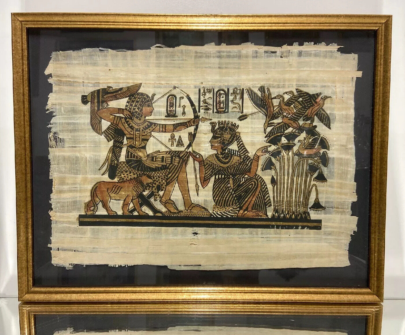 Framed EGYPTIAN Painted On PAPYRUS OF QUEEN AND PHAROAH