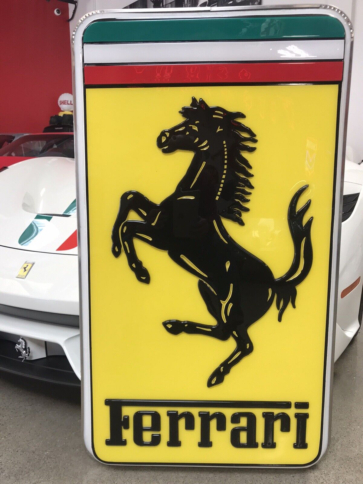 BIG FERRARI LIGHTED DEALER TYPE SIGN SHOWING VERY LITTLE USE APPROX 4 X 3 Ft.