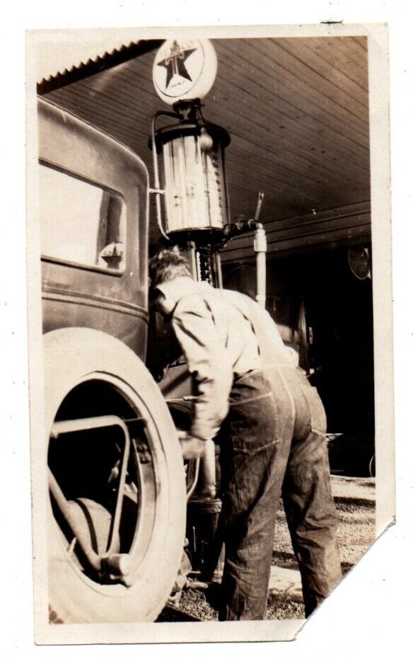 Man Filling Up Car Texaco Visible Gas Pump Station Vintage Snapshot Photo