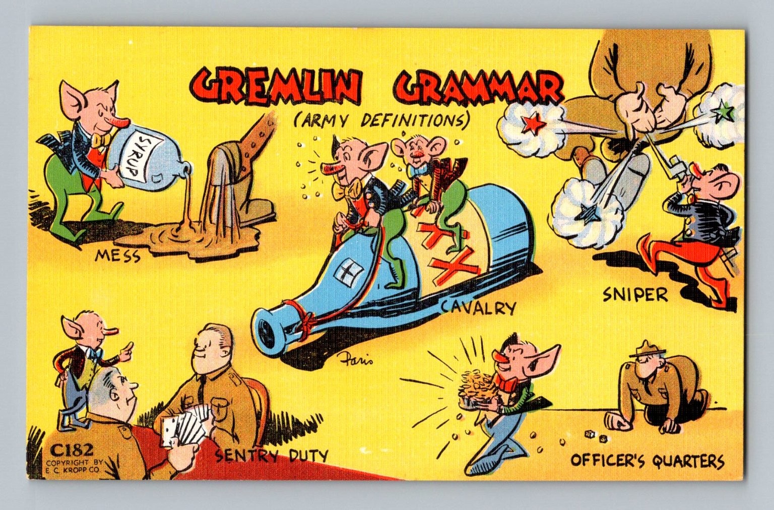 WWII Era Gremlin Grammar Army Definitions Cartoon Postcard E.C. Kropp Co.