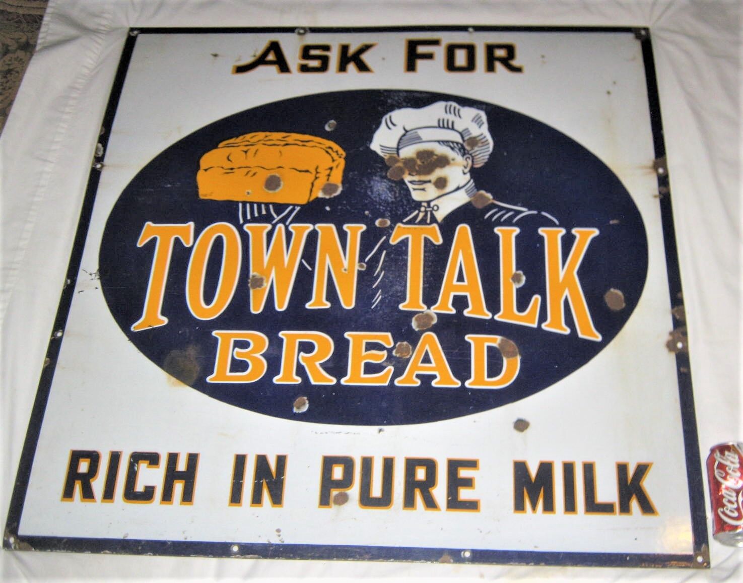 HUGE ANTIQUE USA HOME TOWN TALK BAKERY BREAD MILK PORCELAIN ADVERTISING ART SIGN