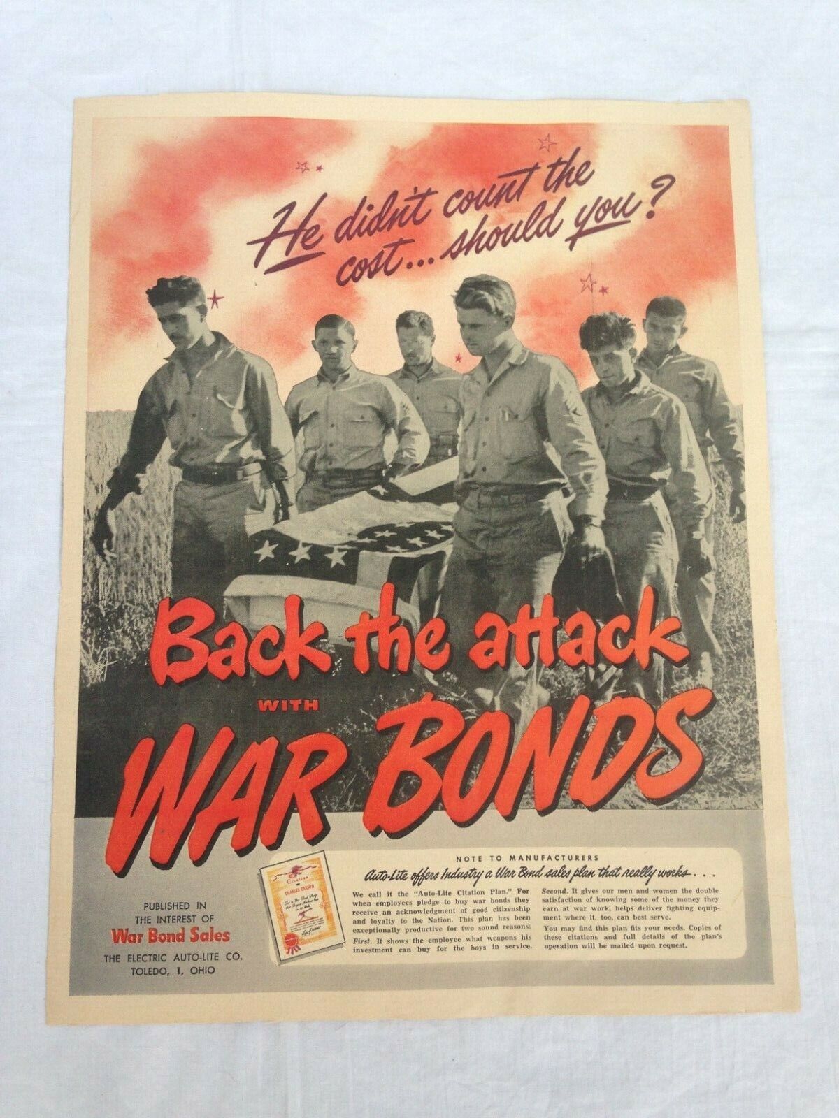 VTG BACK THE ATTACK WAR BONDS ADVERTISEMENT MAGAZINE AD WWII WW2 WORLD WAR 2