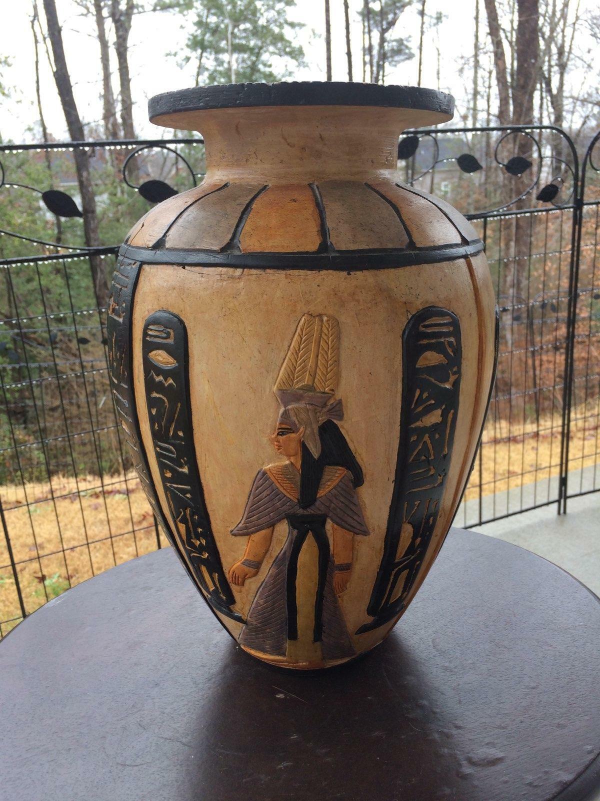 New Egyptian Museum Replica Isis , Horus  & Anubis Vase By Kemet Art