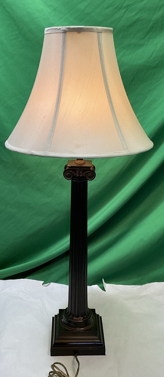 Vintage Metal Column Table Lamp With Shade 32” Tall, Brown Color