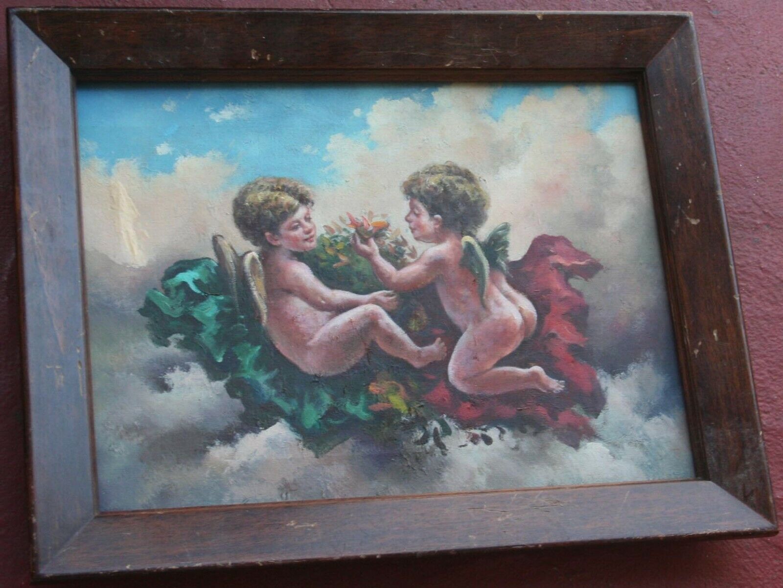 Antique SuperB 19th Century Oil Painting on Canvas Angels in the Sky 