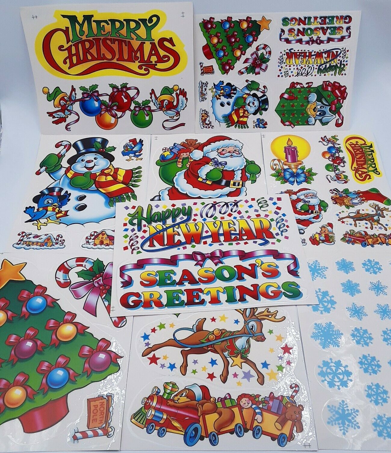 Vintage Window Clings Vinyl Decals Christmas 1980s Santa Reindeer 9 sheets O