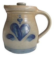 Vintage Rowe Pottery Works Pitcher with Lid Heart Motif Cobalt Blue Handmade 6