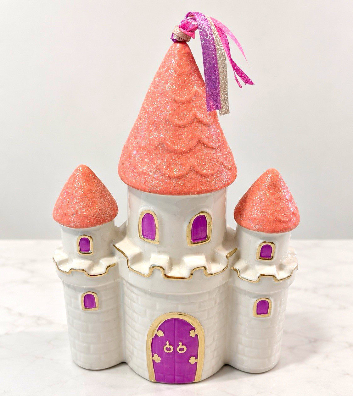 Hapi Nest Princess Castle Piggy Bank Ceramic Pink Glitter Coin Bank 10” x 7”
