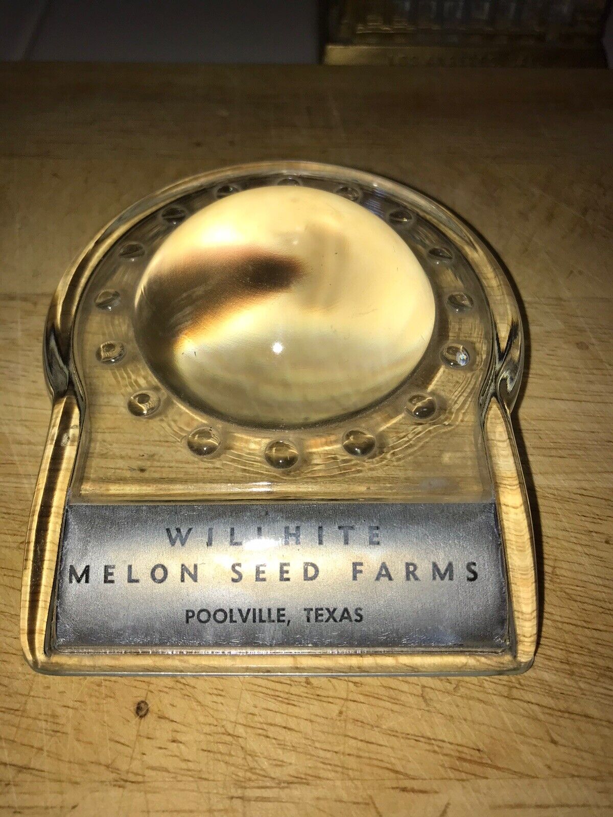 GLASS ADVERTISING PAPERWEIGHT WILLHITE MELON SEED FARMS