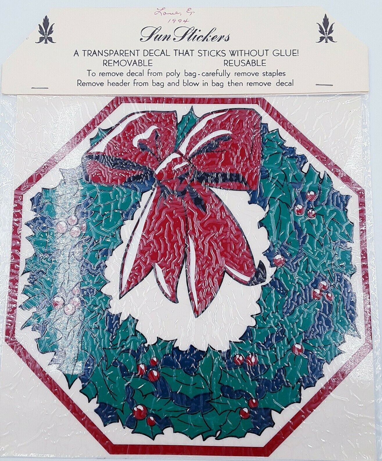Vintage Window Clings Vinyl Decals Christmas 1990s bow wreath Mistletoes O