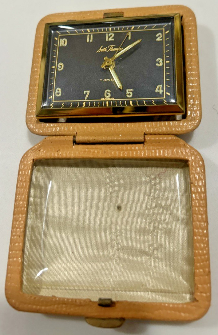 Seth Thomas Vintage 7 Jewels Black Travel Alarm Clock Leather Case Rectangular