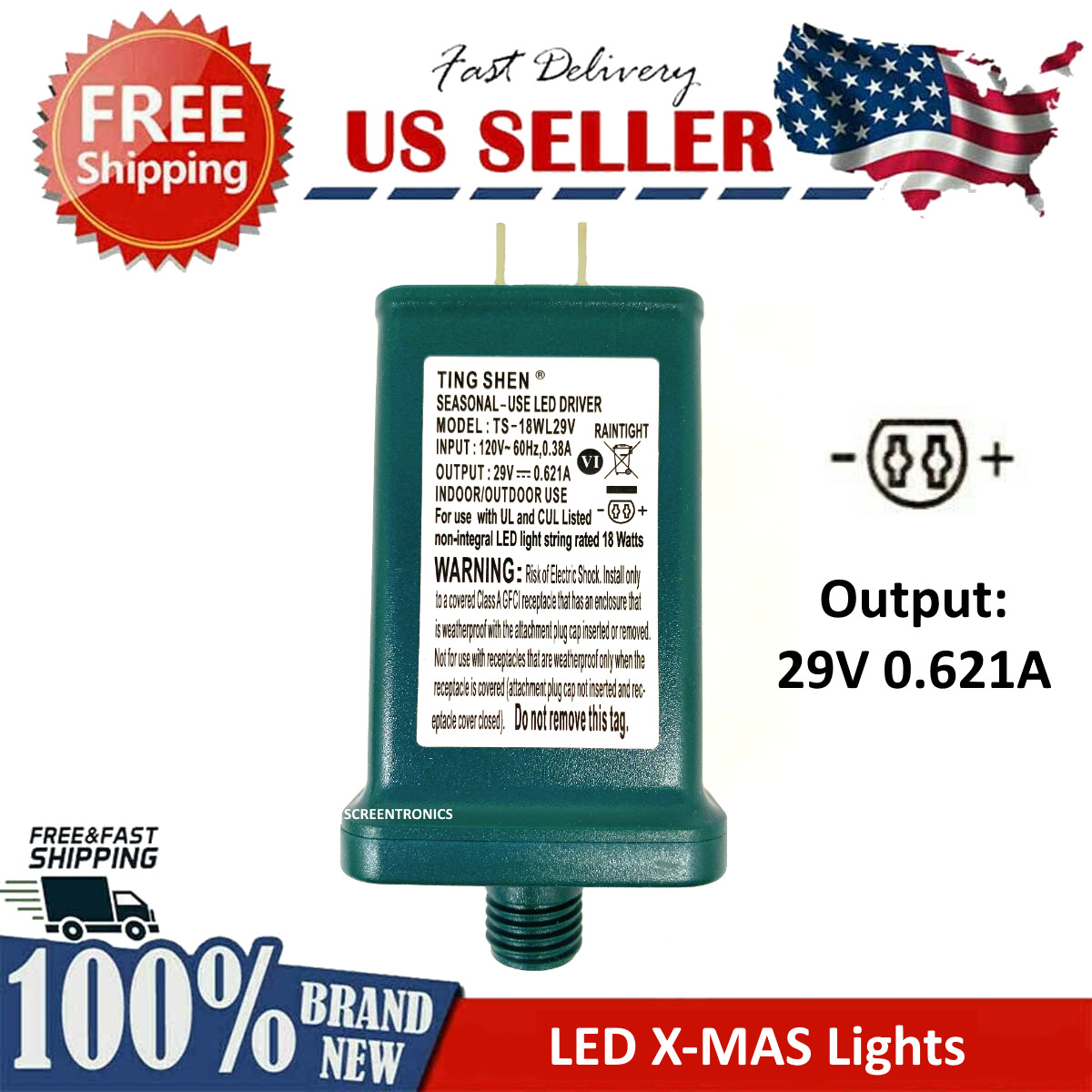 Replacement Power Supply for LED Xmas Tree Lights DC 29V 0.621A - TS-18WL29V