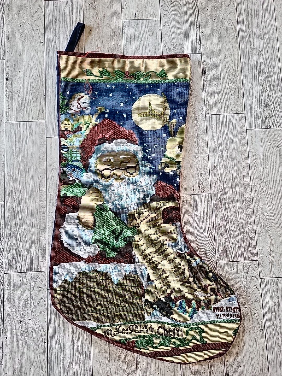 Christmas Stocking Tapestry 16 Santa Vintage Checking List Reindeer Rooftop Deer