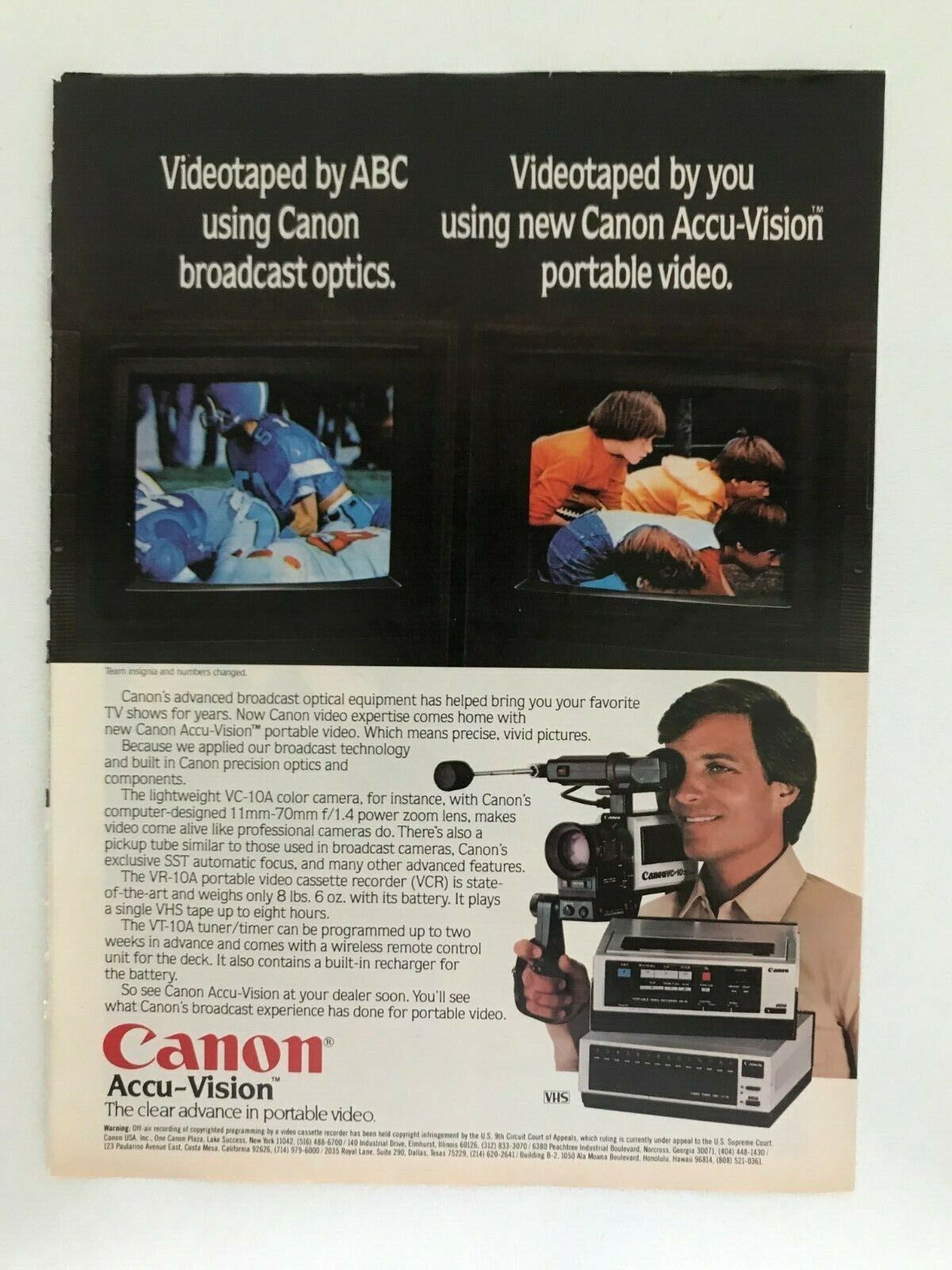 Canon Accu-Vision VC-10A Color Portable Video Camera Vintage 1980\'s Print Ad