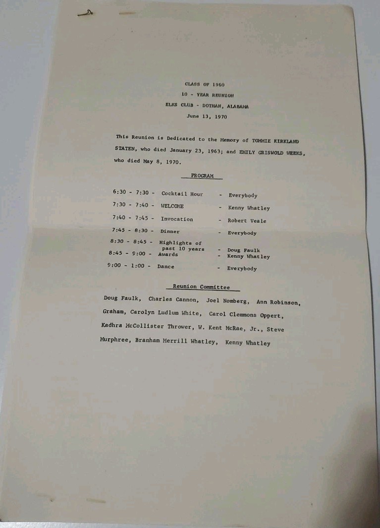 vtg 1970 Dothan AL HS Class of 1960 10yr Reunion Program 9pg Bio List Names