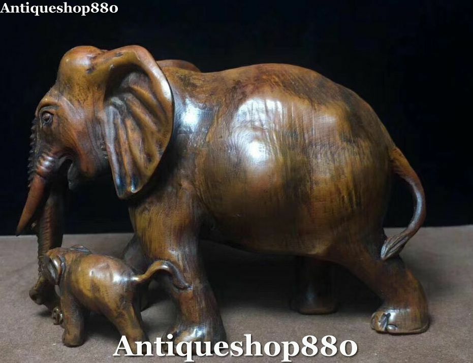 Rare China Boxwood Wood Carving Fengshui Elephant Animal Mother Son Kid Statue