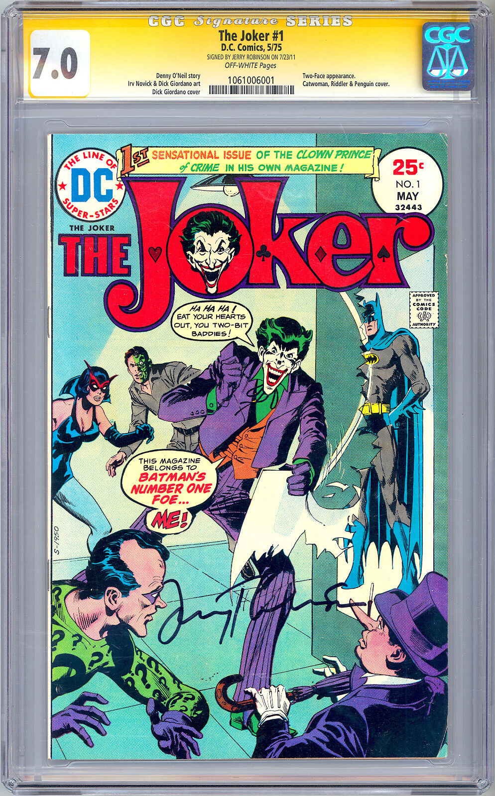 THE JOKER #1 CGC-SS 7.0 SIGNED *BATMAN LEGEND JERRY ROBINSON* JOKER CREATOR 1975