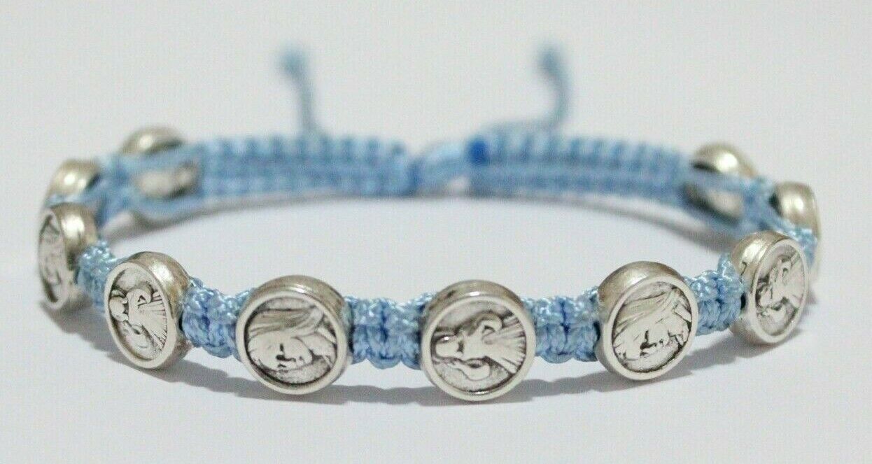 Our Lady and Jesus Divine Mercy Silver Tone Metal Medal Light Blue Cord Bracelet