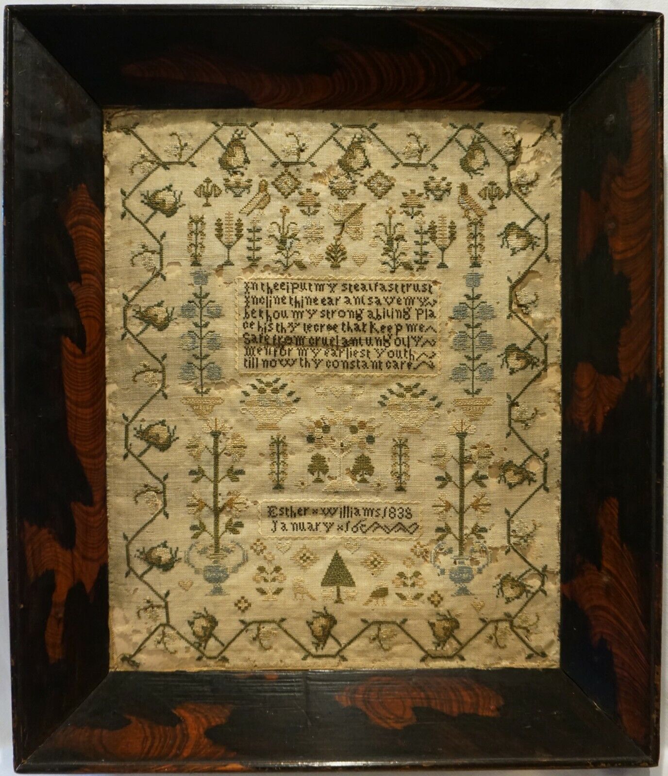 EARLY 19TH CENTURY MOTIF & VERSE SAMPLER BY ESTHER WILLIAMS - January 16th 1835
