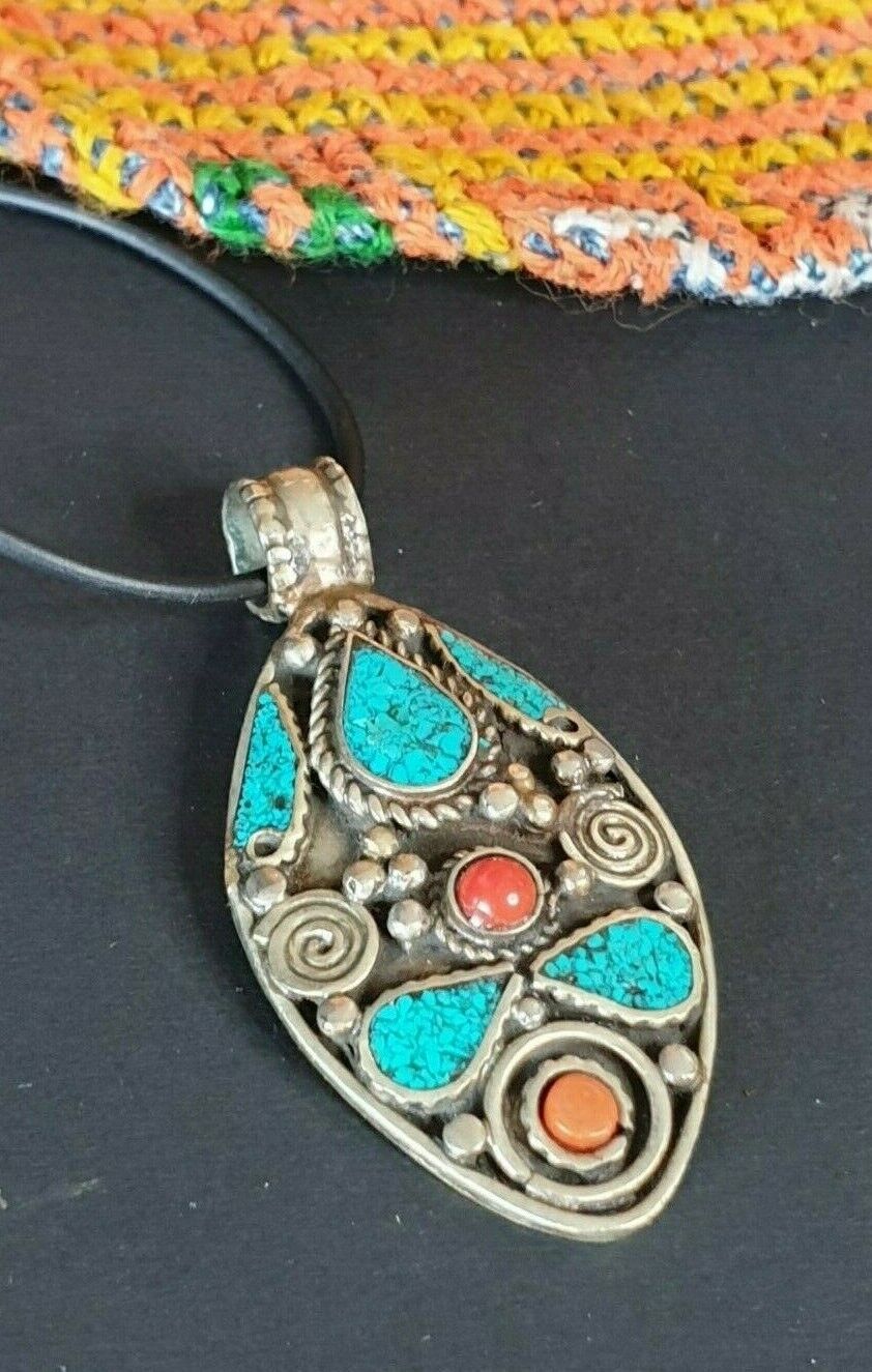 Old Tibetan Pendant Necklace with local silver and stones …beautiful collection 