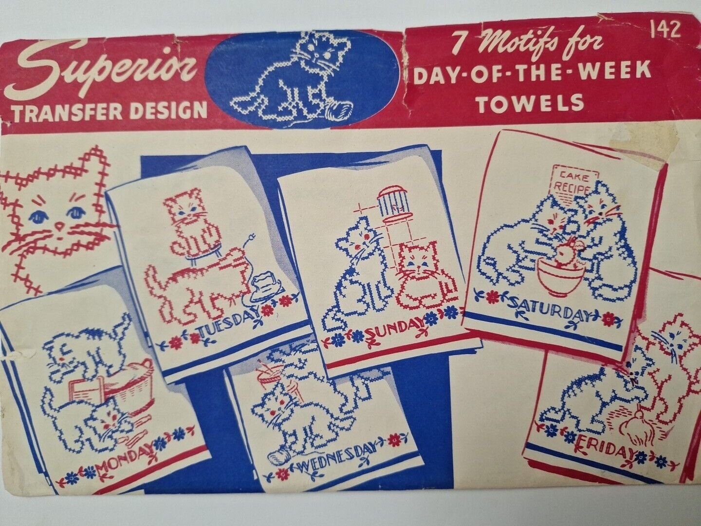 Cat Kitten Motifs Day Of Week Towels 142 Superior Transfer Design Pattern VTG UC