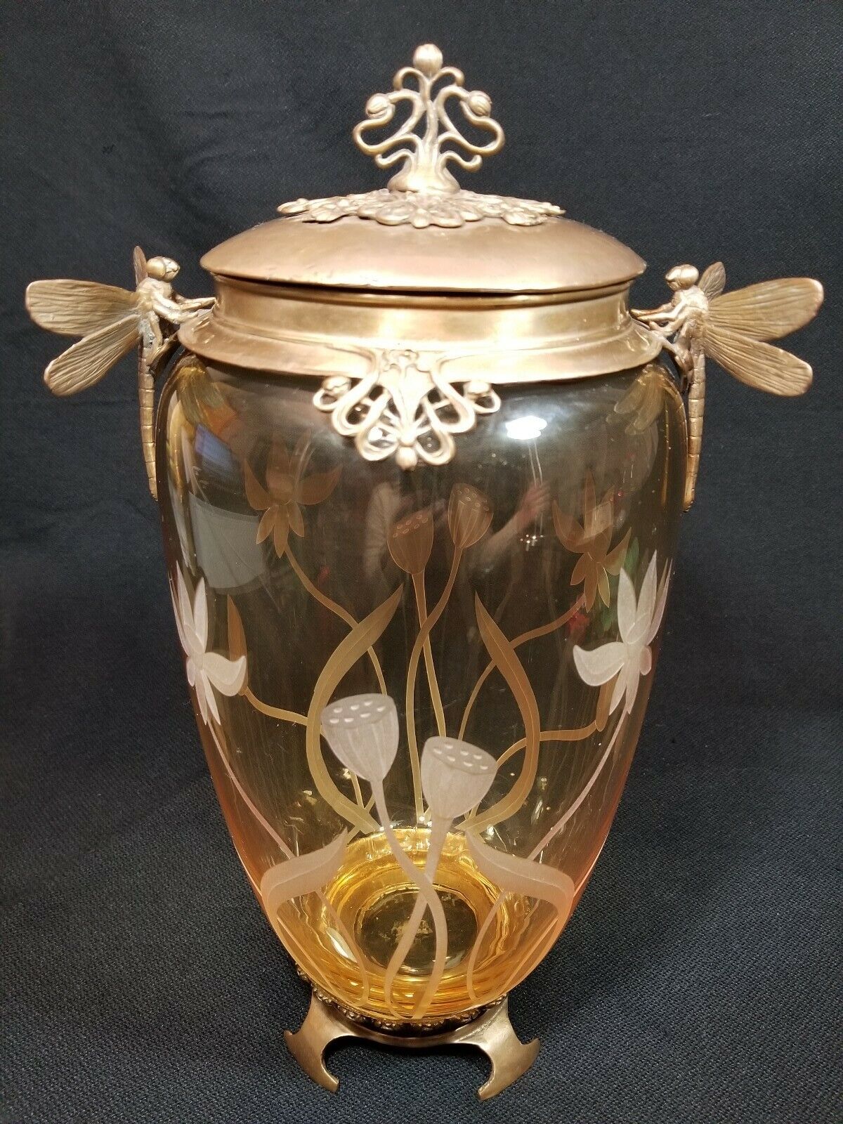 Vintage CASTILIAN POLAND Bronze Etched Glass Dragonfly Amber Urn Art Nouveau 