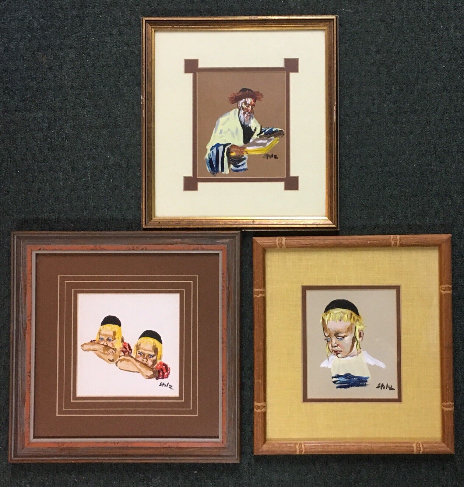 c1970 SET of 3 VINTAGE PAINTINGS OF RABBI AND JEWISH CHILDREN ~  by STOLZ 