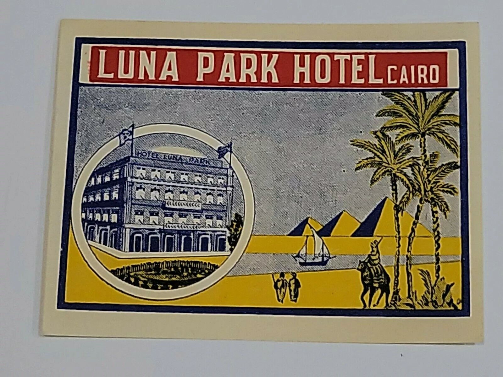 Antique 1920s Hotel Luggage Decal Label Luna park pyramids Cairo, Egypt zh