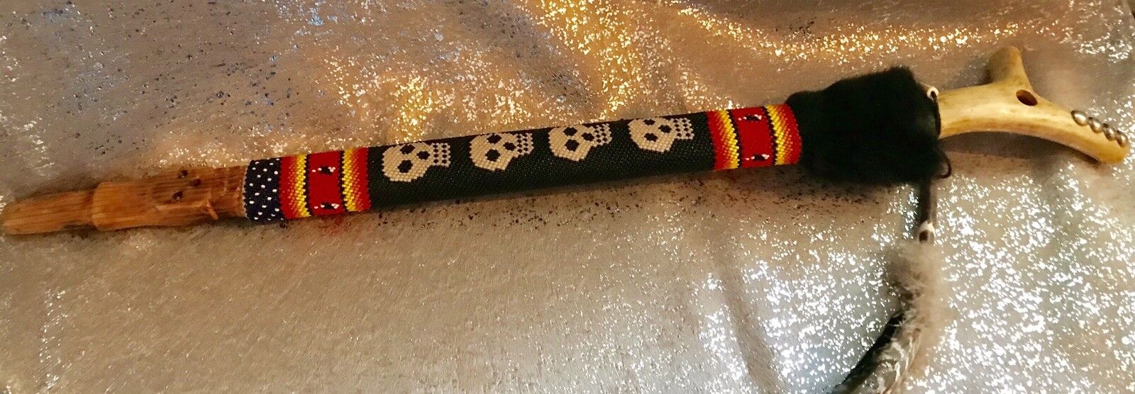 Hand Made Native American Pipe w glass beads, skull designs, deer Antler